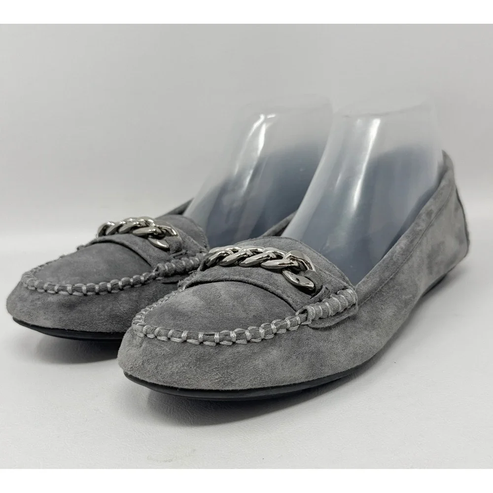 Vionic Womens Mesa‎ 9 Gray Suede Loafer Silver Chain Preppy Academia NO INSERTS